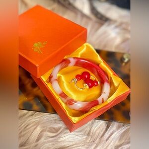 Elegant Red and White Natural Stone Jade Bangle Bracelet & Earrings